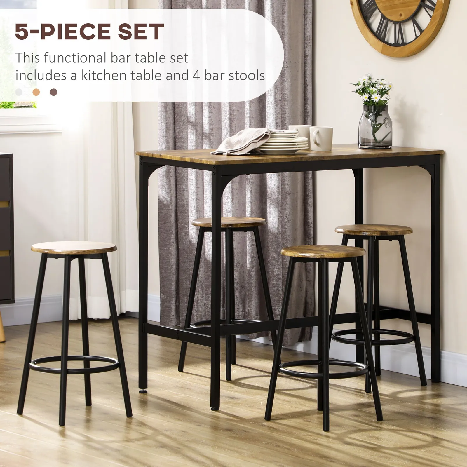 HOMCOM 5 Piece Bar Table & Stools Set with Metal Frame in Brown 4