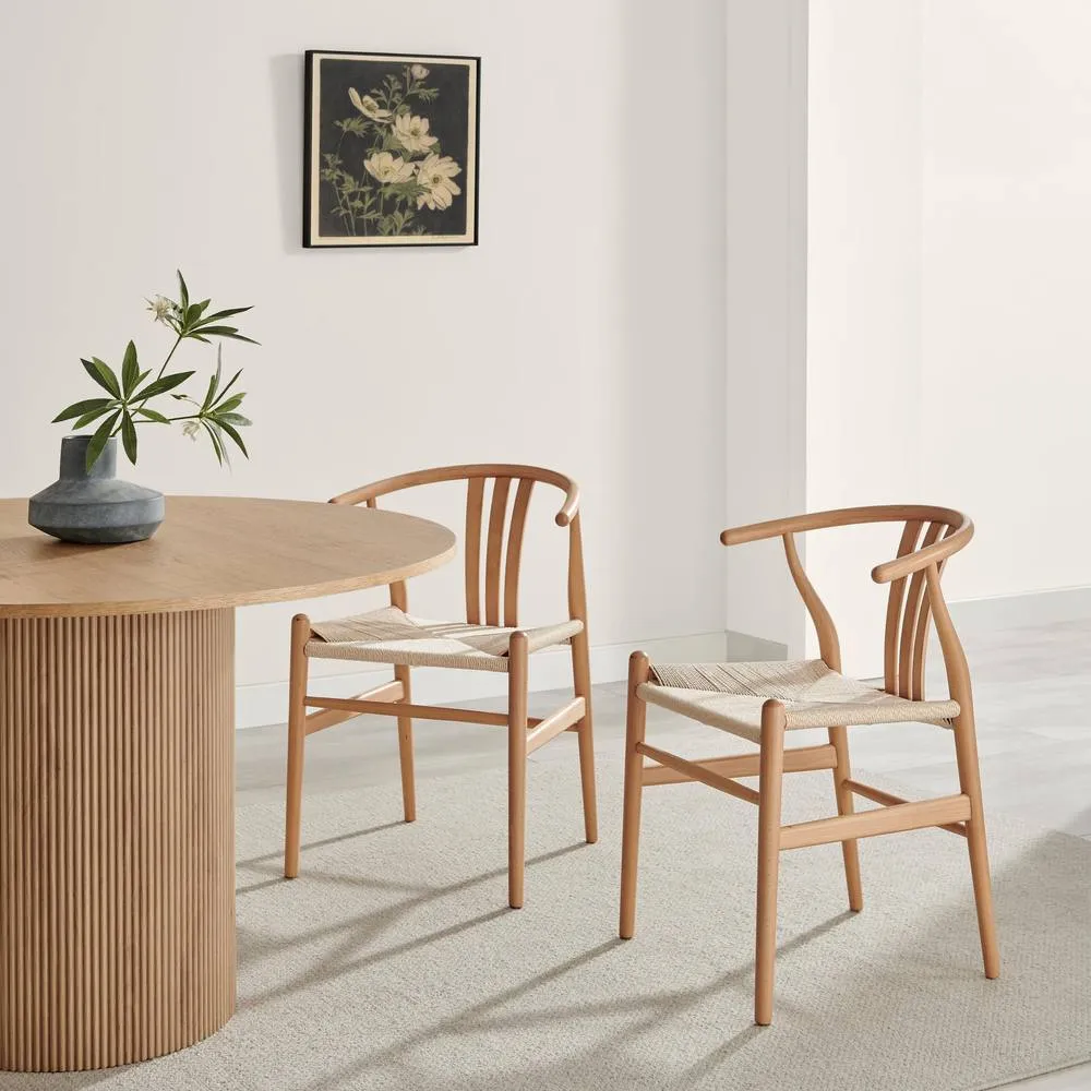 FurnitureboxUK 2x Caia Solid Wood & Rope Wishbone Dining Chairs in Light Brown