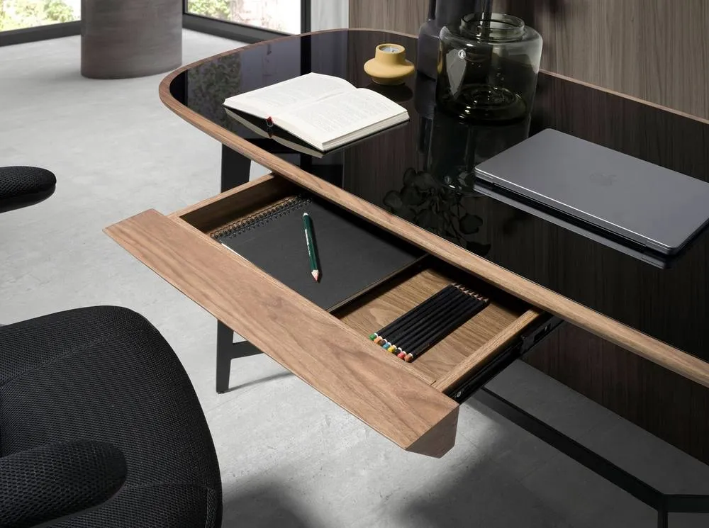 Angel Cerda Walnut Writing Desk with Black Tempered Glass Top and in Brown 5