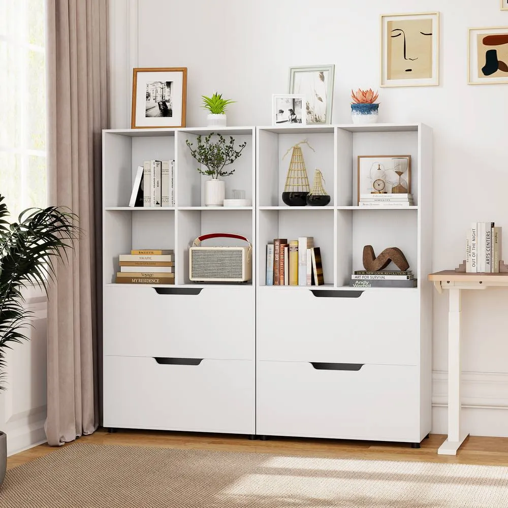 Costway Wooden Bookshelf w/2 Drawers Modern 130CM Tall Storage Organizer in White 4