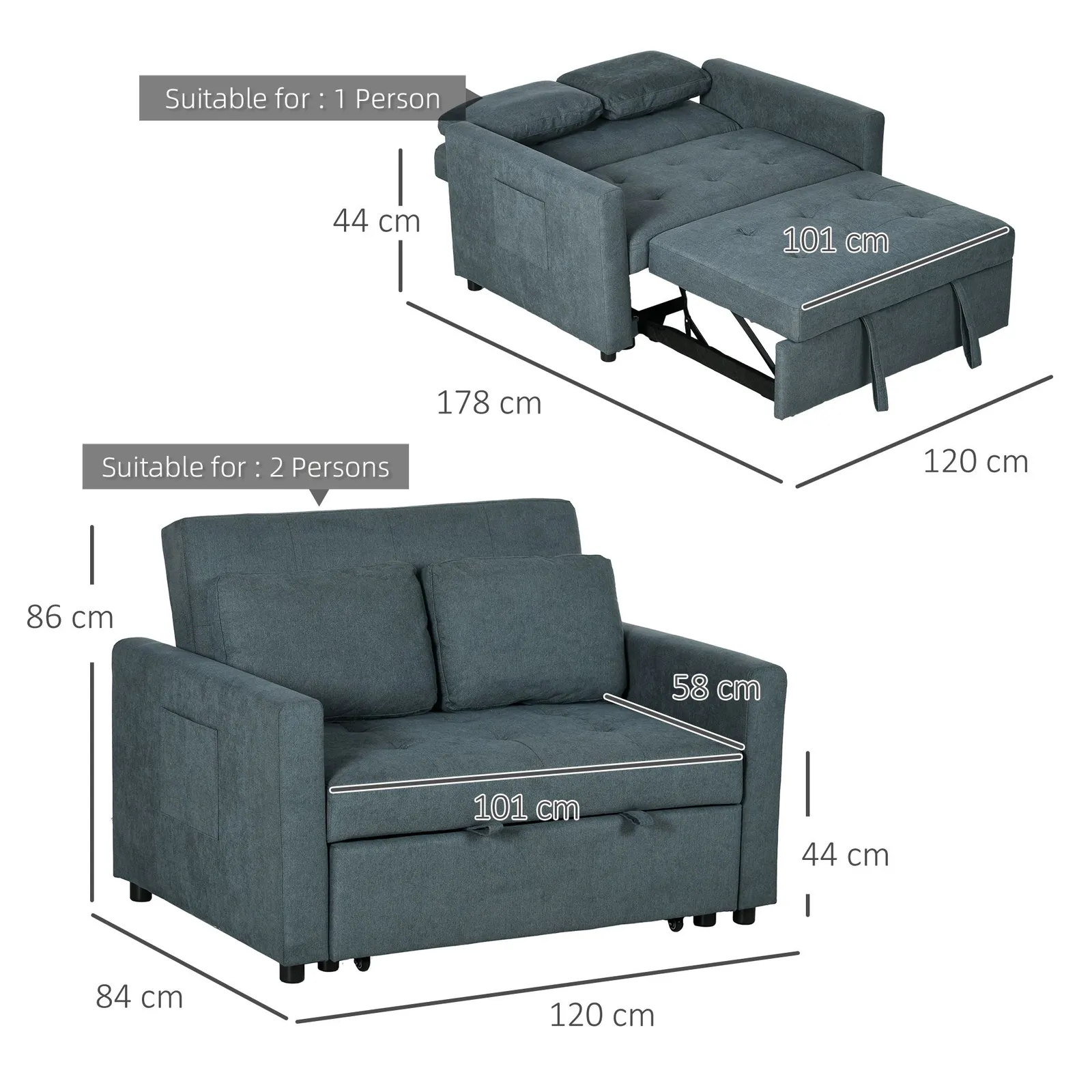 HOMCOM 2 Seater Sofa Bed Convertible Bed Settee with Cushions, Pockets in Grey 3