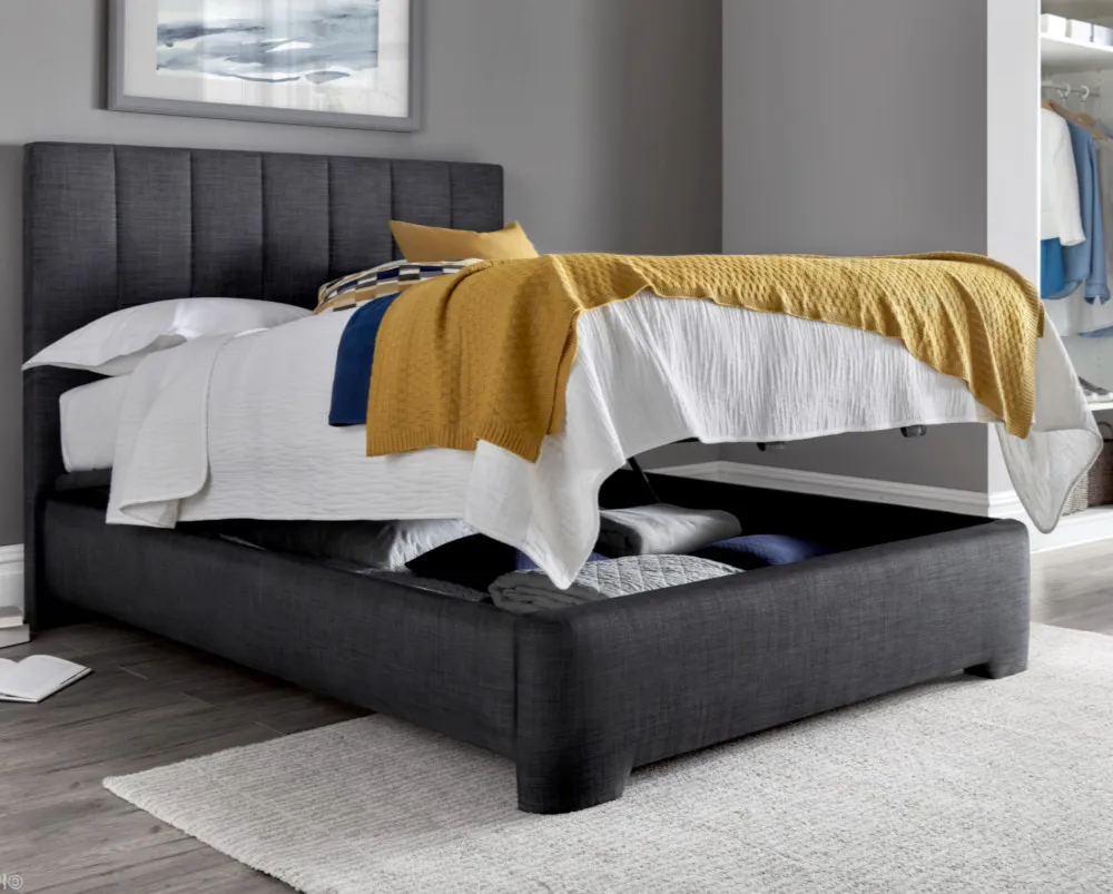 Medburn Slate Grey Fabric Ottoman Storage Bed Frame - 6ft Super King Size