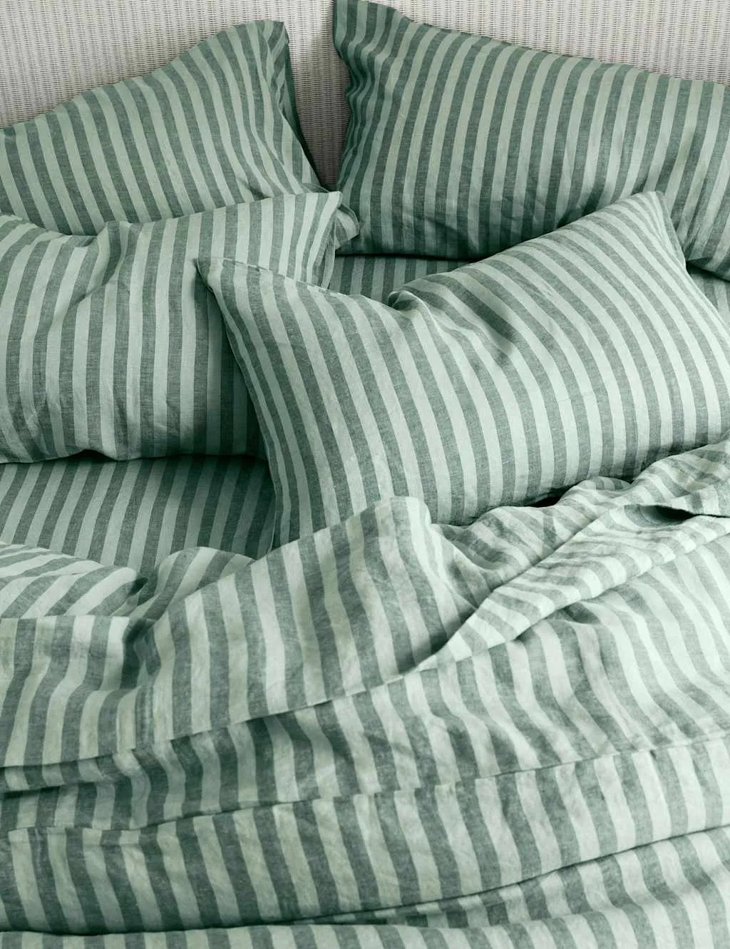 Piglet In Bed Pure Linen Pembroke Stripe Fitted Sheet Green Mix