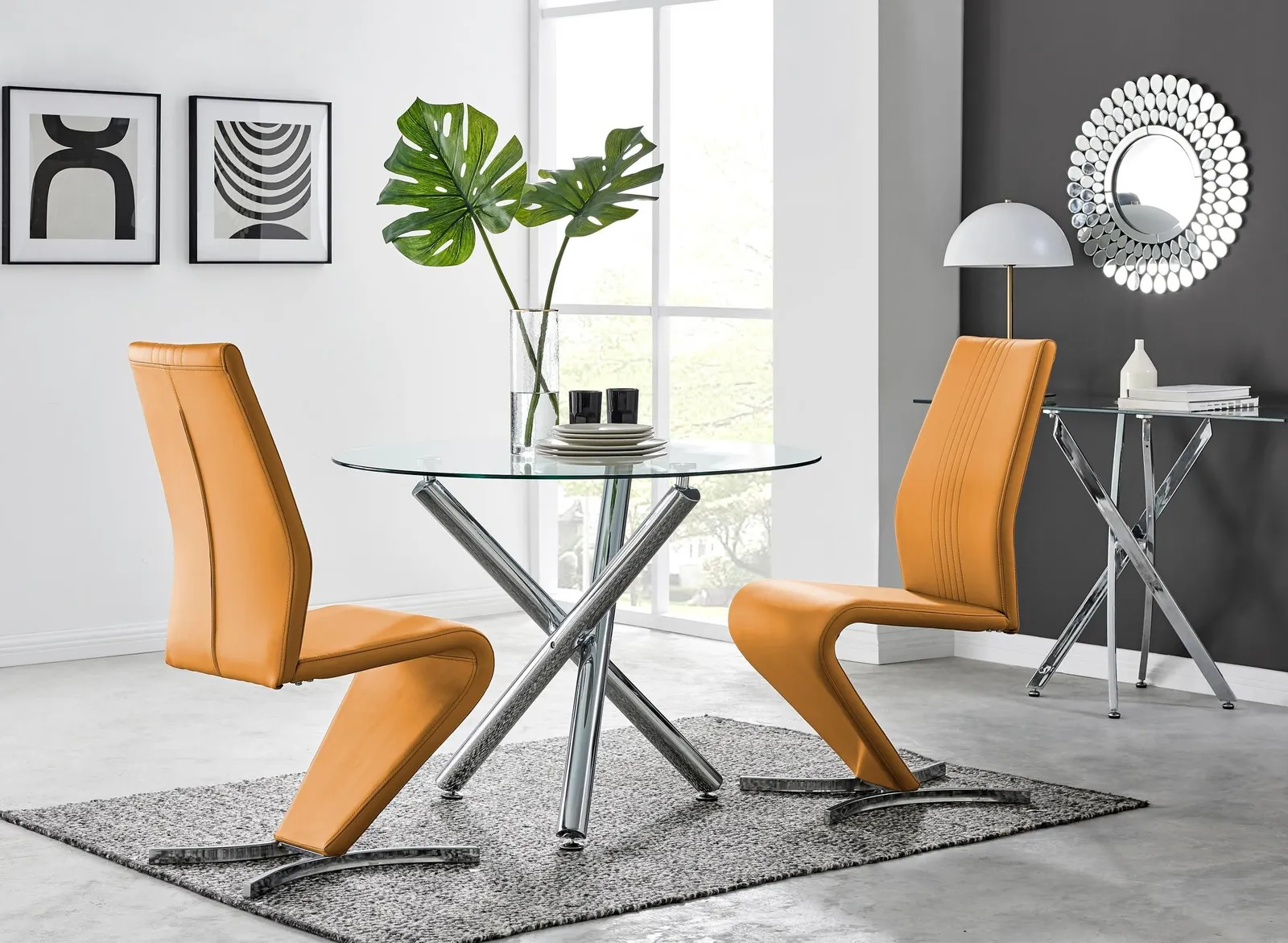 FurnitureboxUK Selina Round Glass & Chrome Metal Dining Table & Luxury Willow Chairs Set in Mustard 1