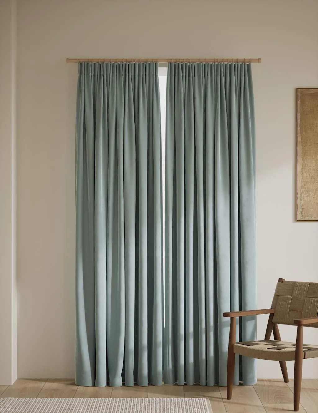 M&S Velvet Pencil Pleat Curtains Seafoam