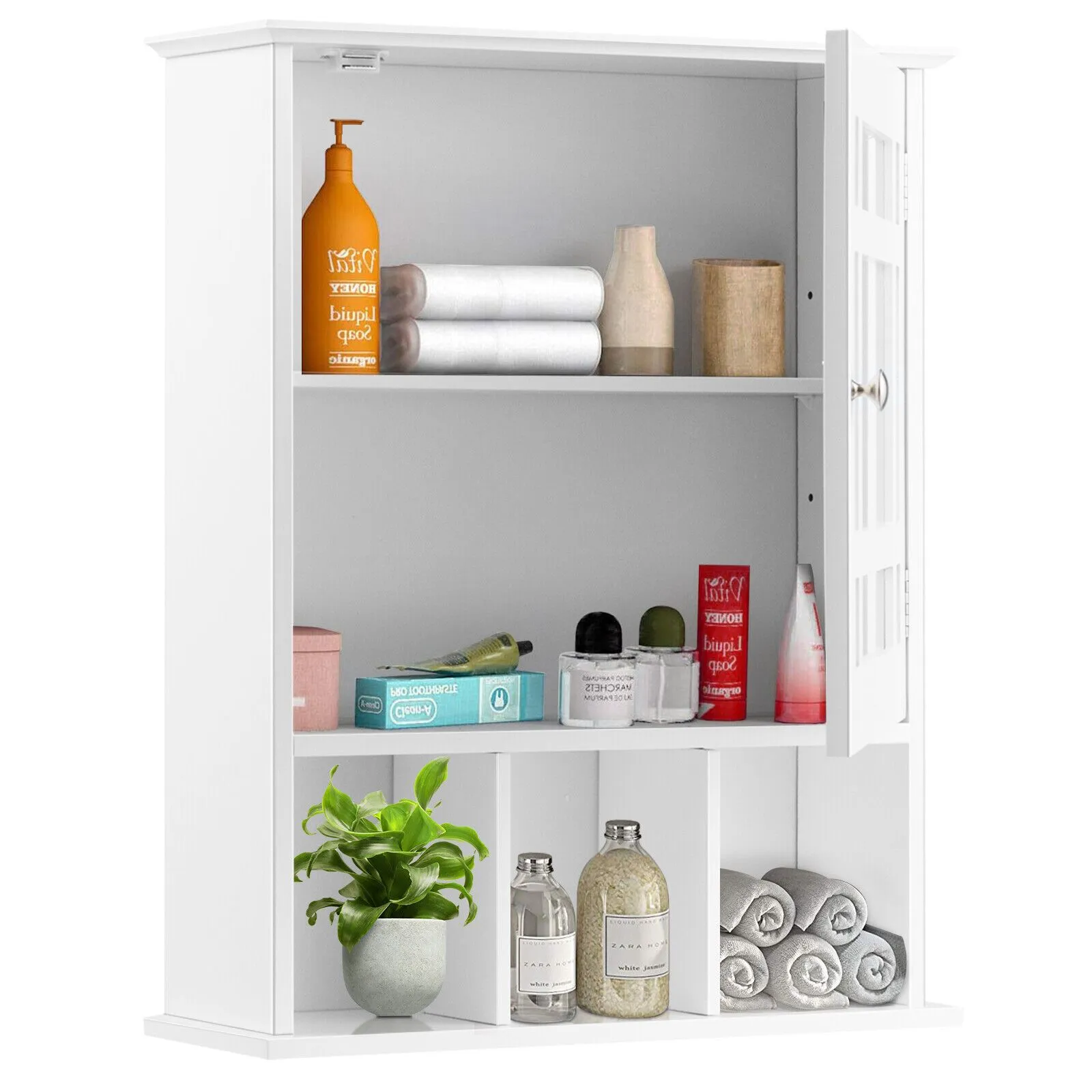 Costway Bathroom Wall Storage Cabinet Wooden Hanging Medicine Organizer with Mirror White 4
