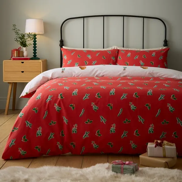 Catherine Lansfield Christmas Robins Polycotton Duvet Cover & Pillowcase Set 2
