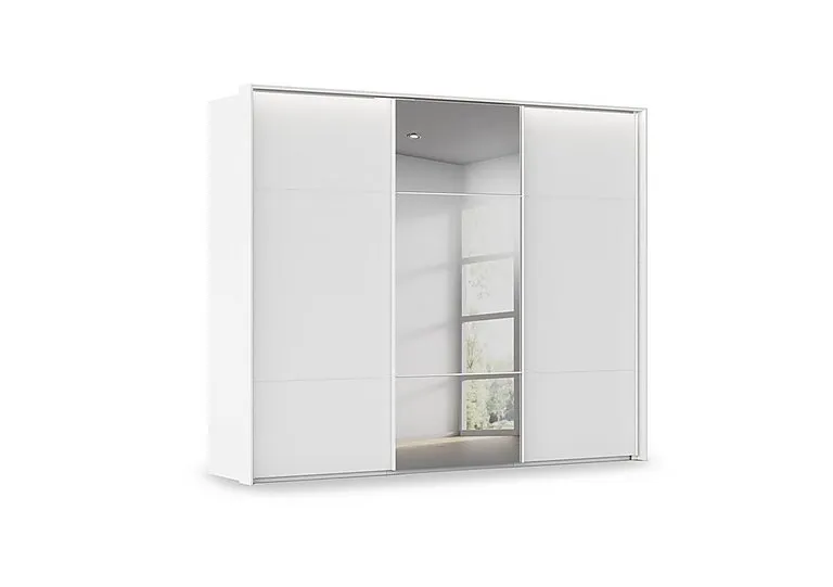 Haven 280cm 3 Door Slider Wardrobe with 2 Décor Doors, 1 Mirror Door and Lights - Alpine White