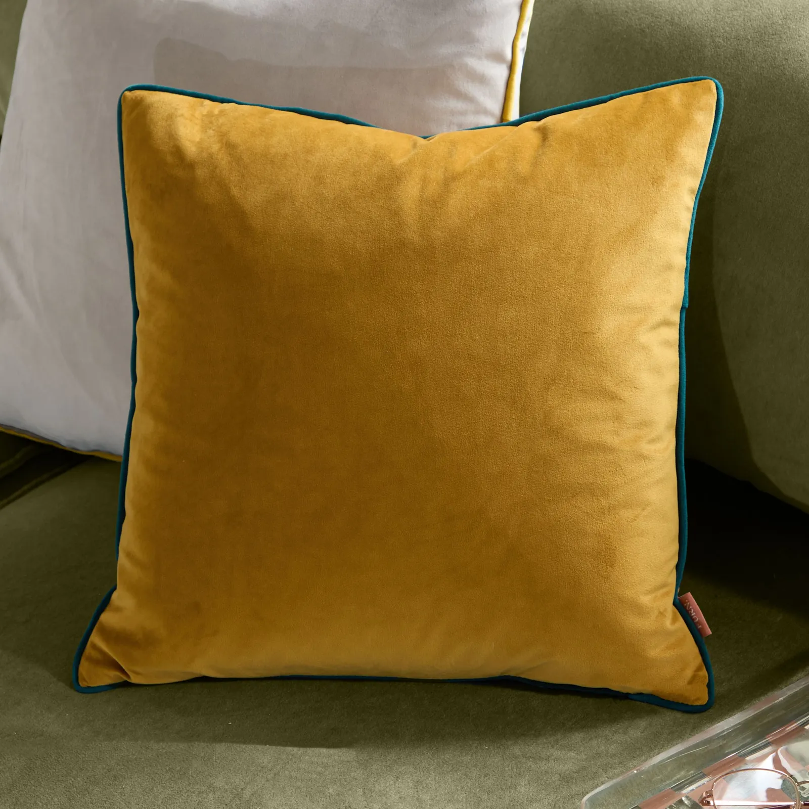 Furn Meridian Velvet Piped Cushion in Mustard