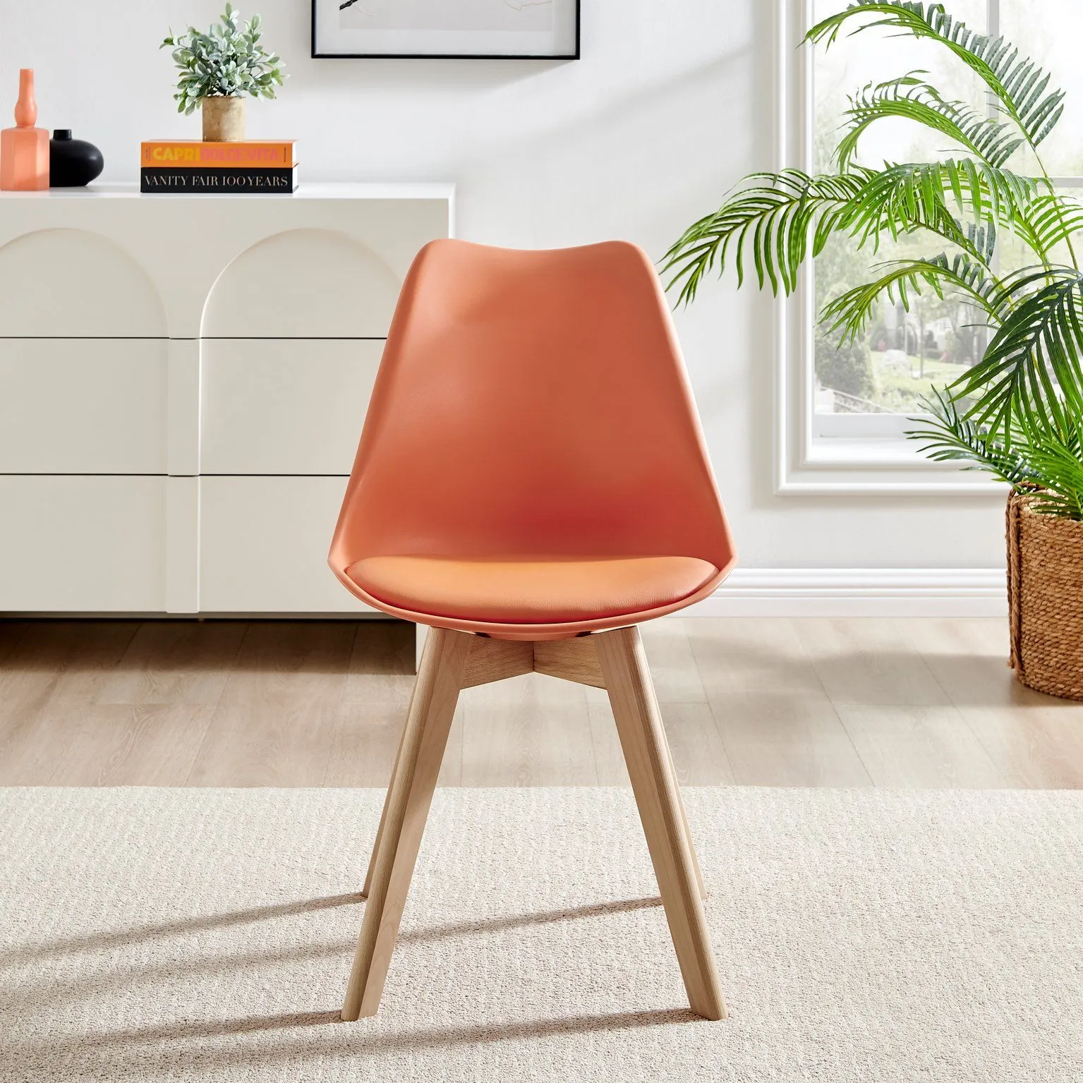 FurnitureboxUK Set of 2 Stockholm Natural Birch Wood Scandi Minimalist Dining Chairs with Faux Leather Cushion in Orange 2