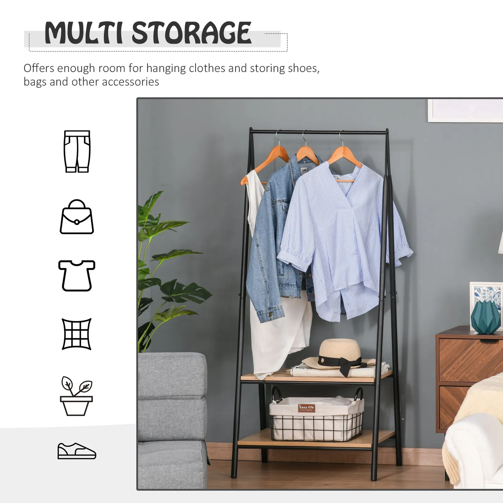 HOMCOM 2-Tier Garment Rack Storage Shelves Metal Coat Shoes Clothes Stand Open Wardrobe in Natural 6