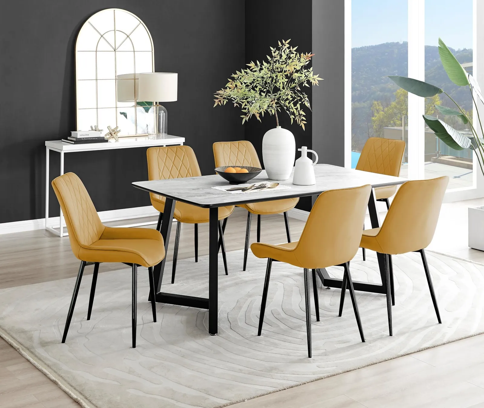 FurnitureboxUK Carson White Marble Effect Dining Table & 6 Pesaro Black Leg Chairs in Mustard 1