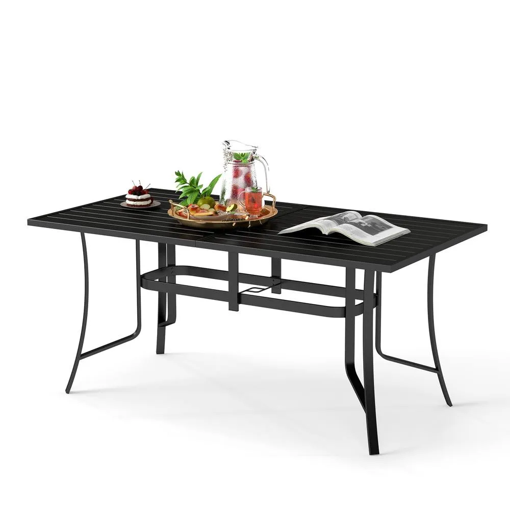 Costway 160 CM Patio Dining Table for 6 Rectangle Metal Table w/ Umbrella Hole in Black