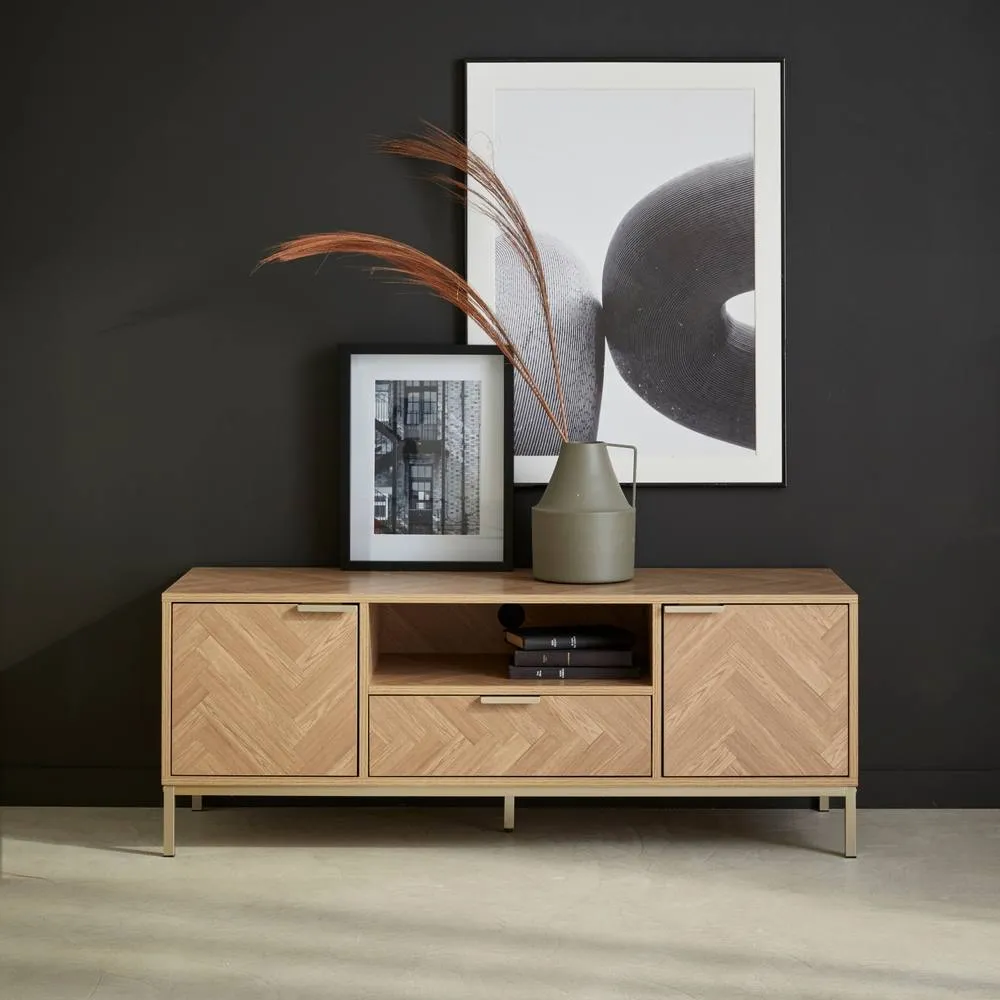 sweeek 120cm Tv Unit 2 Cupboard Herringbone 1 Drawer in Light Brown 6