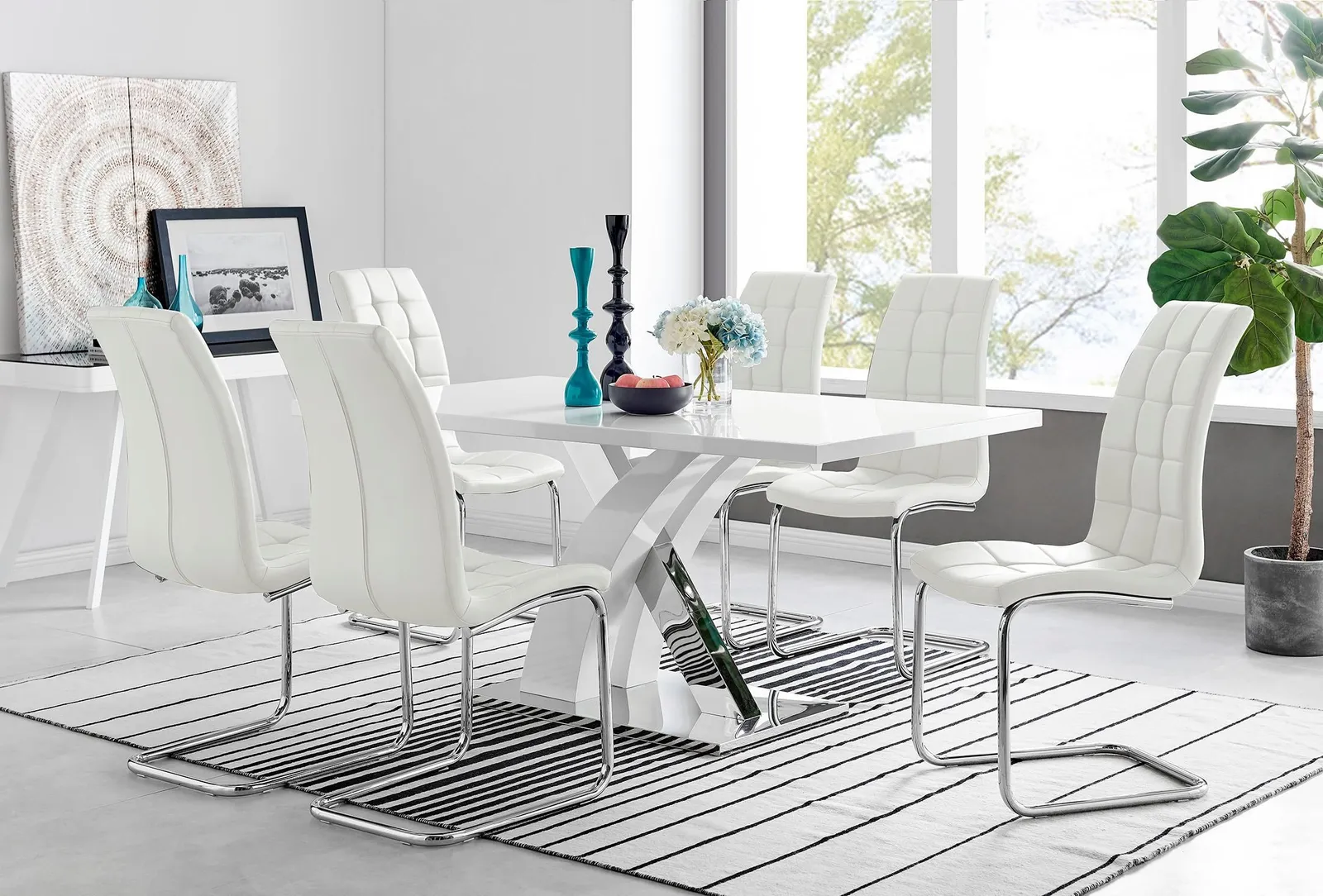 FurnitureboxUK Atlanta Modern Rectangle Chrome Metal High Gloss White Dining Table & 6 Murano Chairs Set in Off-White 1