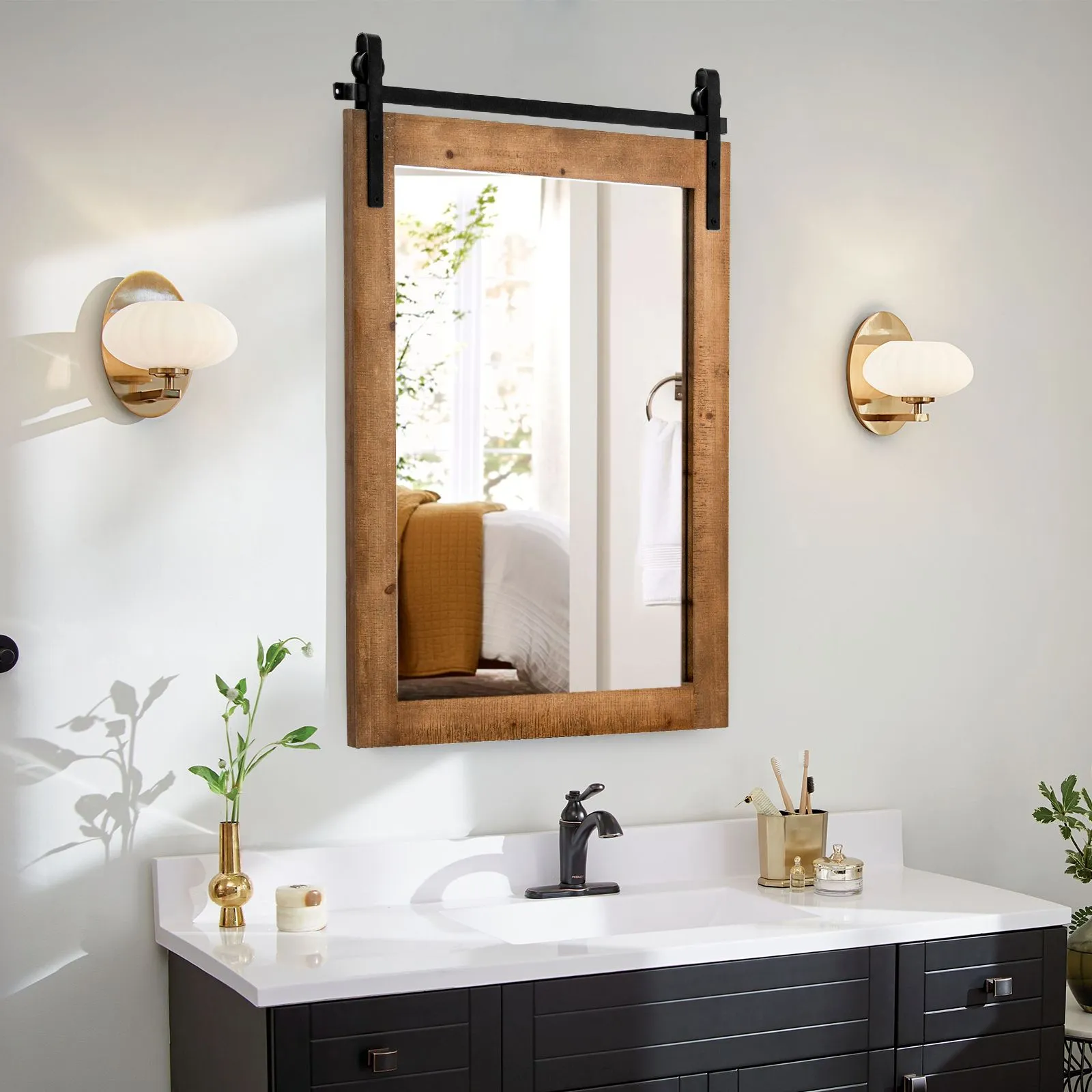Costway Wall Mounted Mirror Rectangle Decorative Vanity Mirror in Brown 6