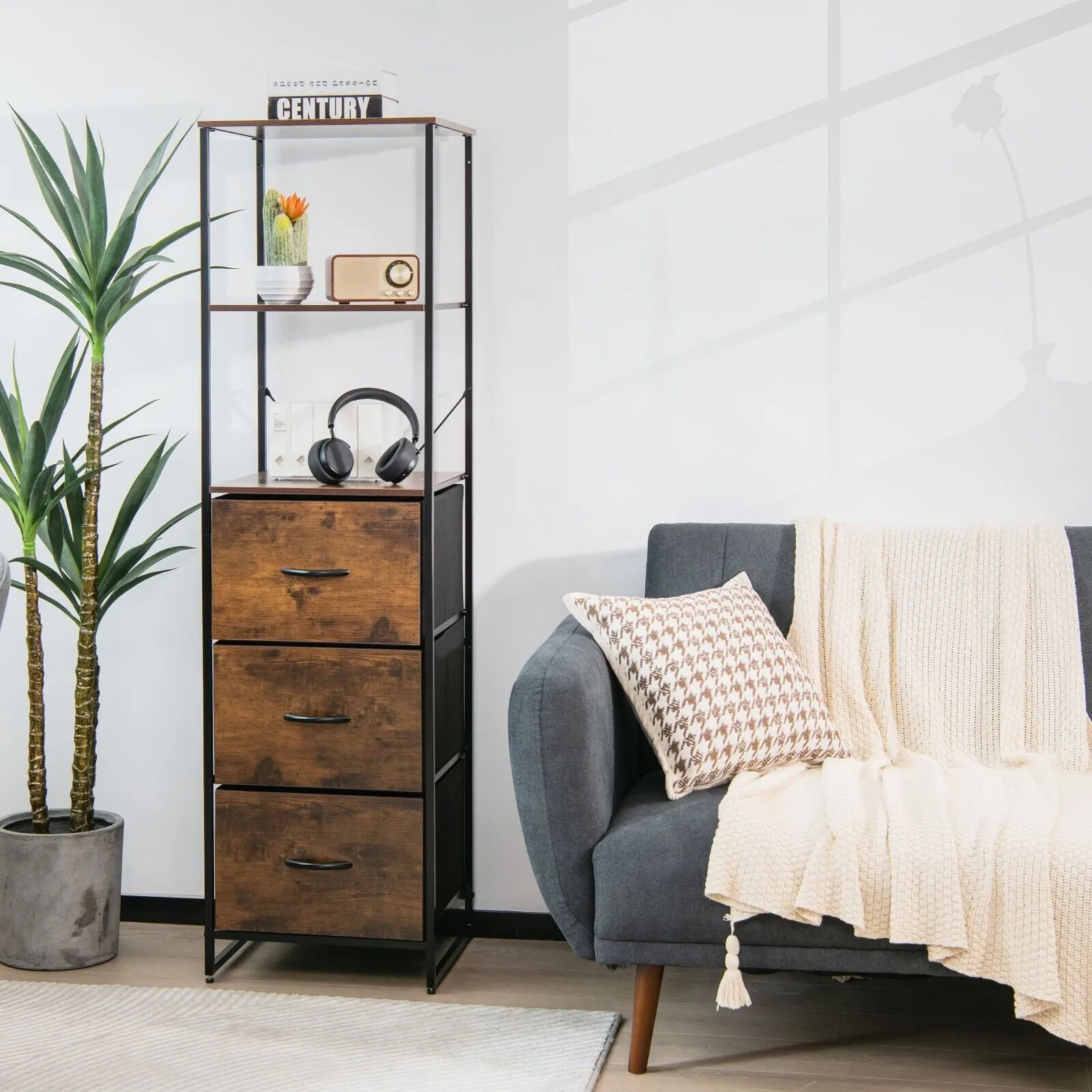Costway Industrial Bookshelf 3Drawer Dresser Narrow Storage Rack w/ Steel Frame in Brown 5