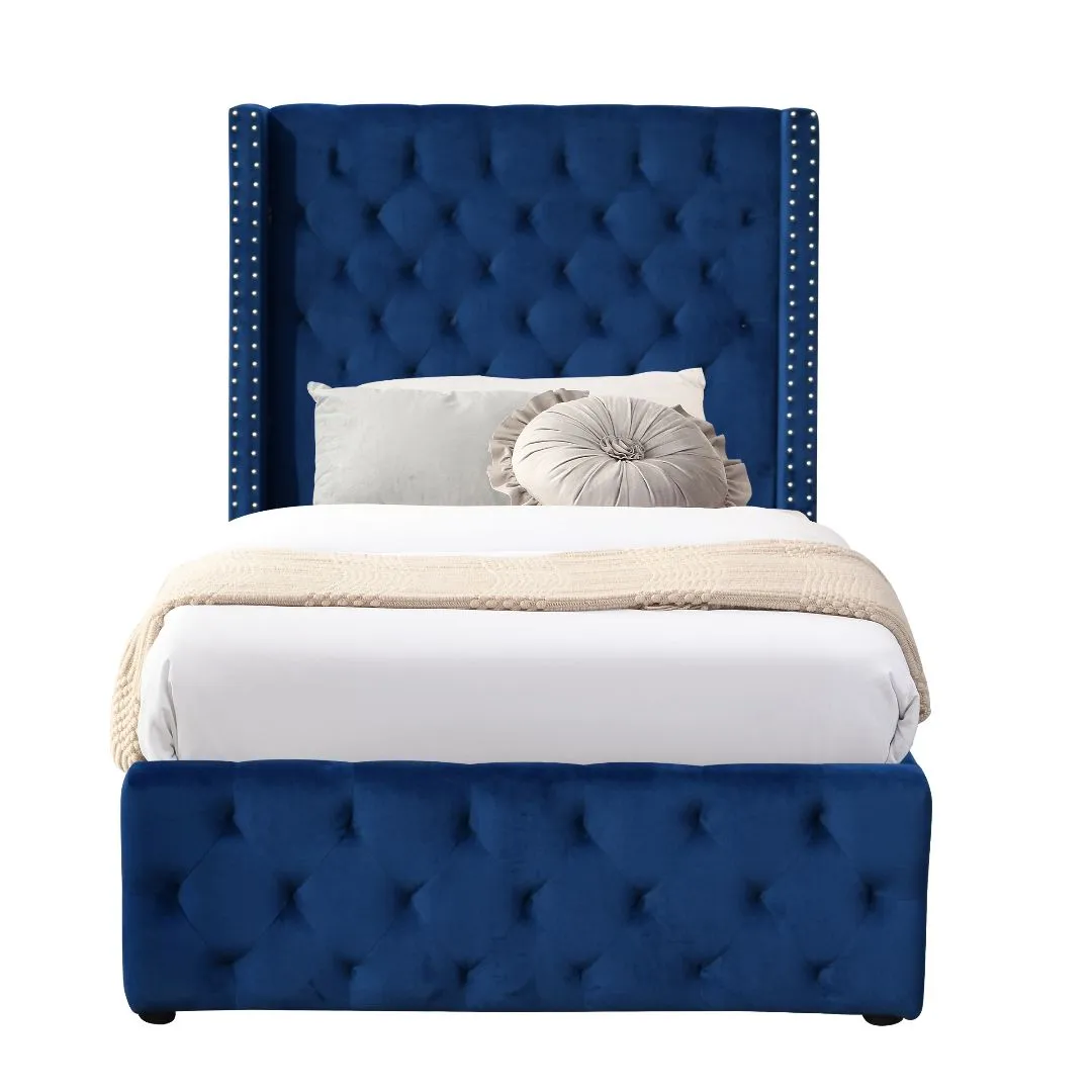 Comfy Living Ltd Winged Plush Velvet Fabric Ottoman Gas Lift Up Storage Bed Frame in Blue 2