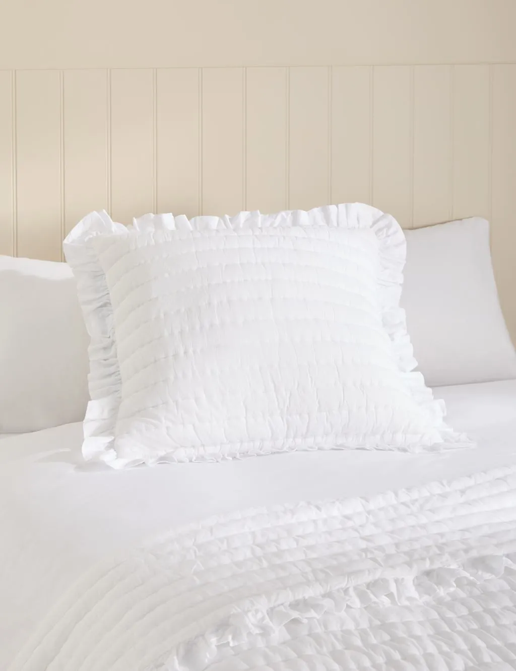 M&S Pure Cotton Textured Ruffle Trim Cushion White