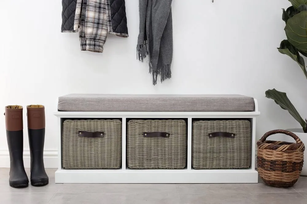 Statement Furniture Tetbury Bench with 3 Grey Faux Rattan Baskets & Grey Cushion in White