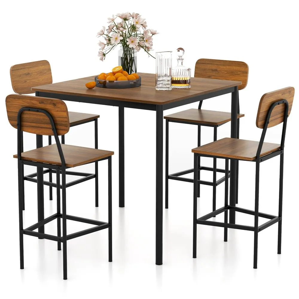 Costway 5PCS Industrial Dining Table Set Kitchen Counter Height Table 4 Stools in Brown