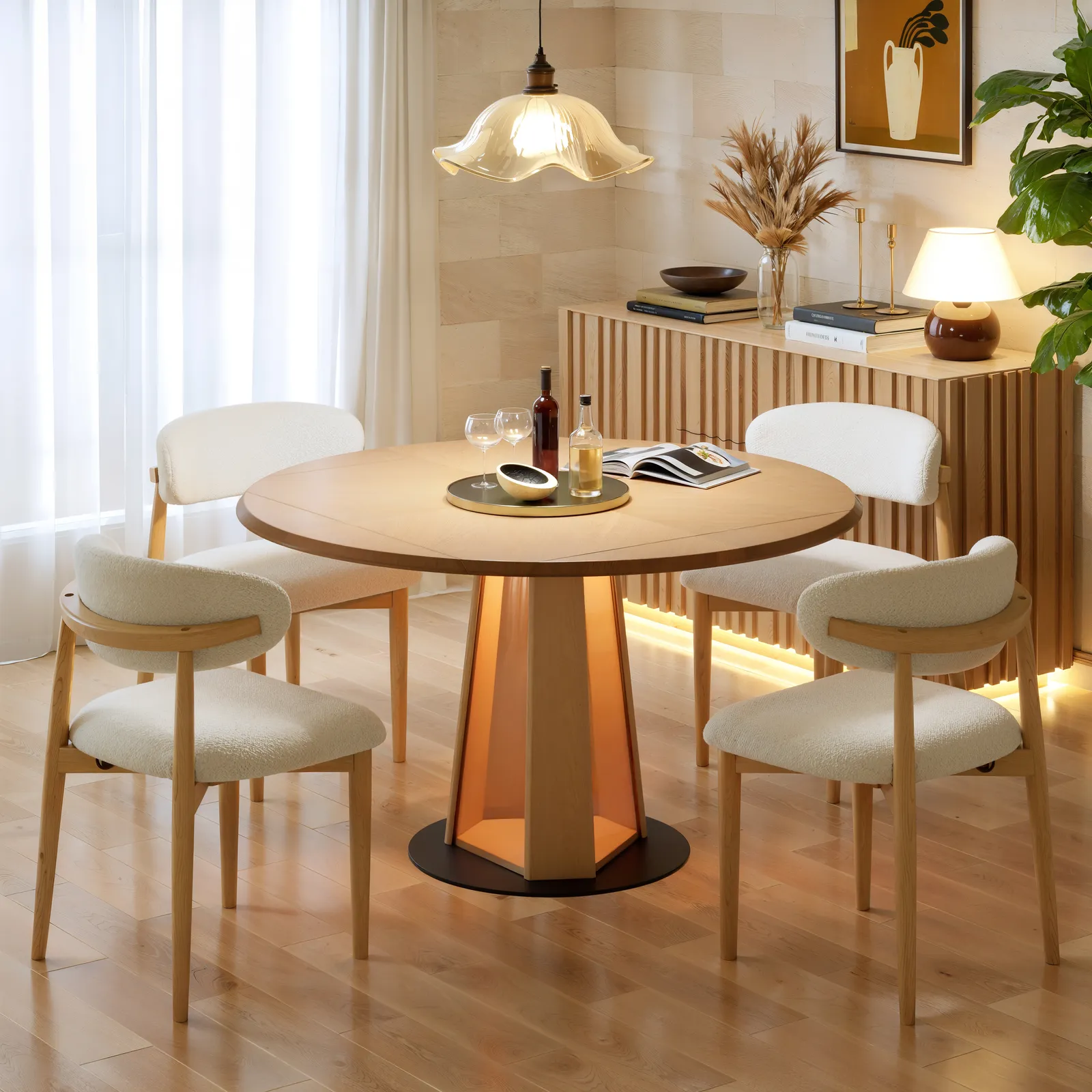 90 - 120 cm Solid Wood Extendable Dining Table with Light