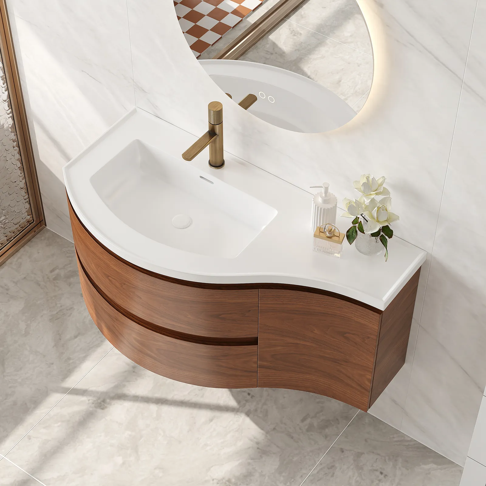 90 cm Floating Curved Bathroom Vanity Half-Circle Bathroom Cabinet Walnut