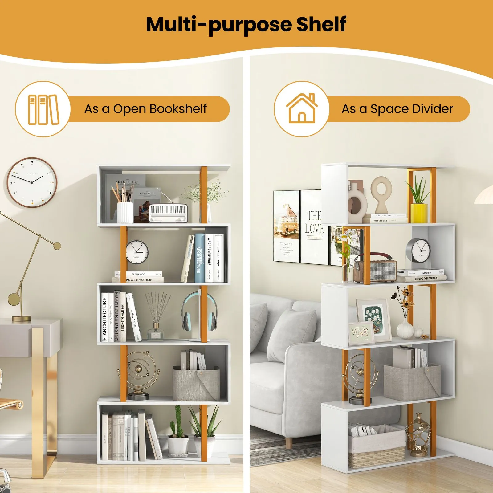 Costway 5-Tier Geometric Bookcase 157CM S-Shaped Bookshelf in White 5
