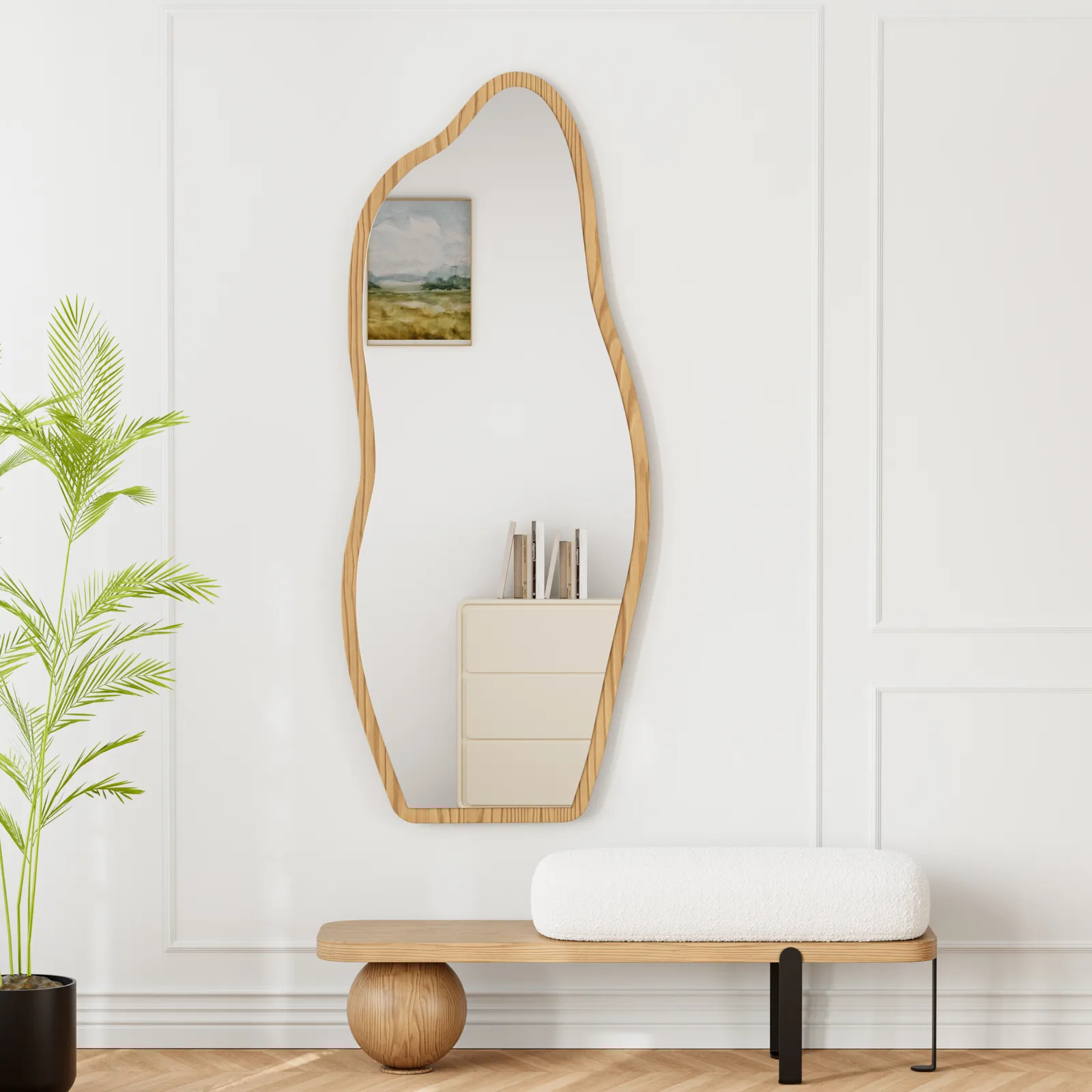 Freestanding Mirror with Wooden Frame in Dark Brown, Organic Shape, 160 cm High, Modern Style ???????? British English