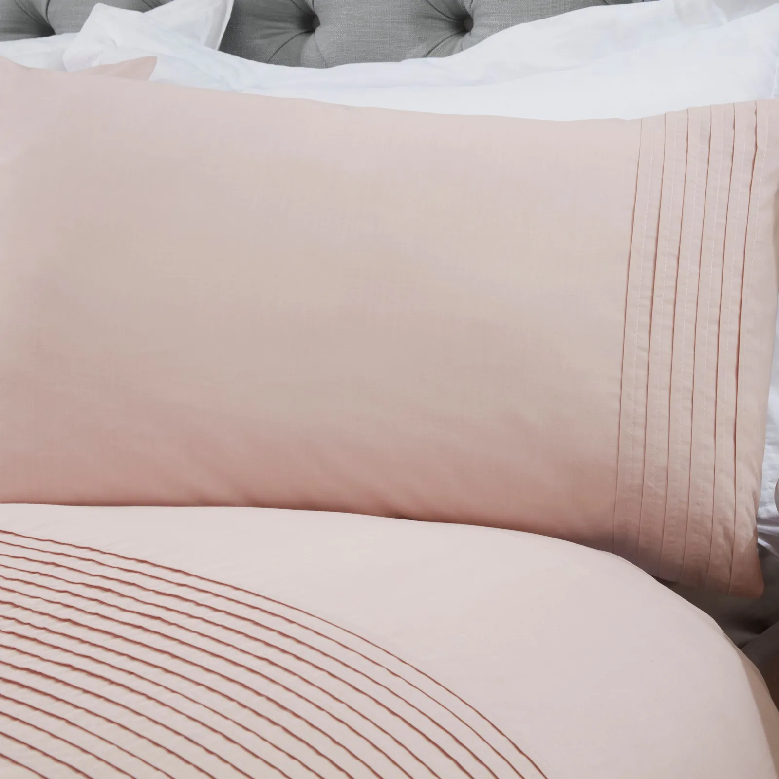 Smart Living Luxury Pintuck Pleated Striped Panel Duvet Cover With Pillowcases in Light Pink 2