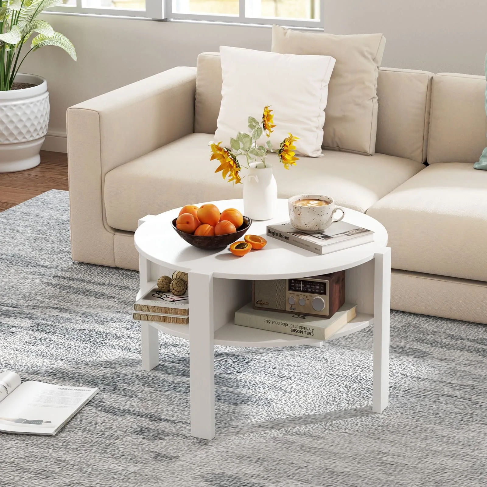 Costway 2-Tier Round Coffee Table 74cm Tea Cocktail Table w/ Storage in White 6