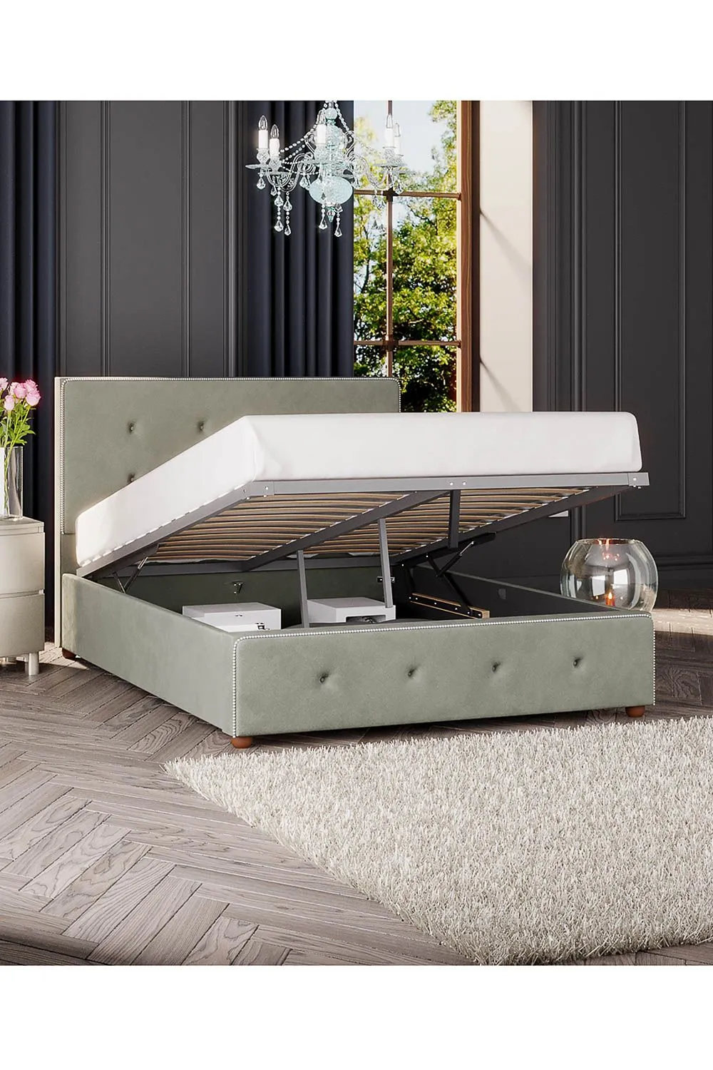 Laurence Llewelyn-Bowen Hesper Ottoman Storage Bed in Plush Velvet Fabric, Custom Made in Duck Egg Blue 2