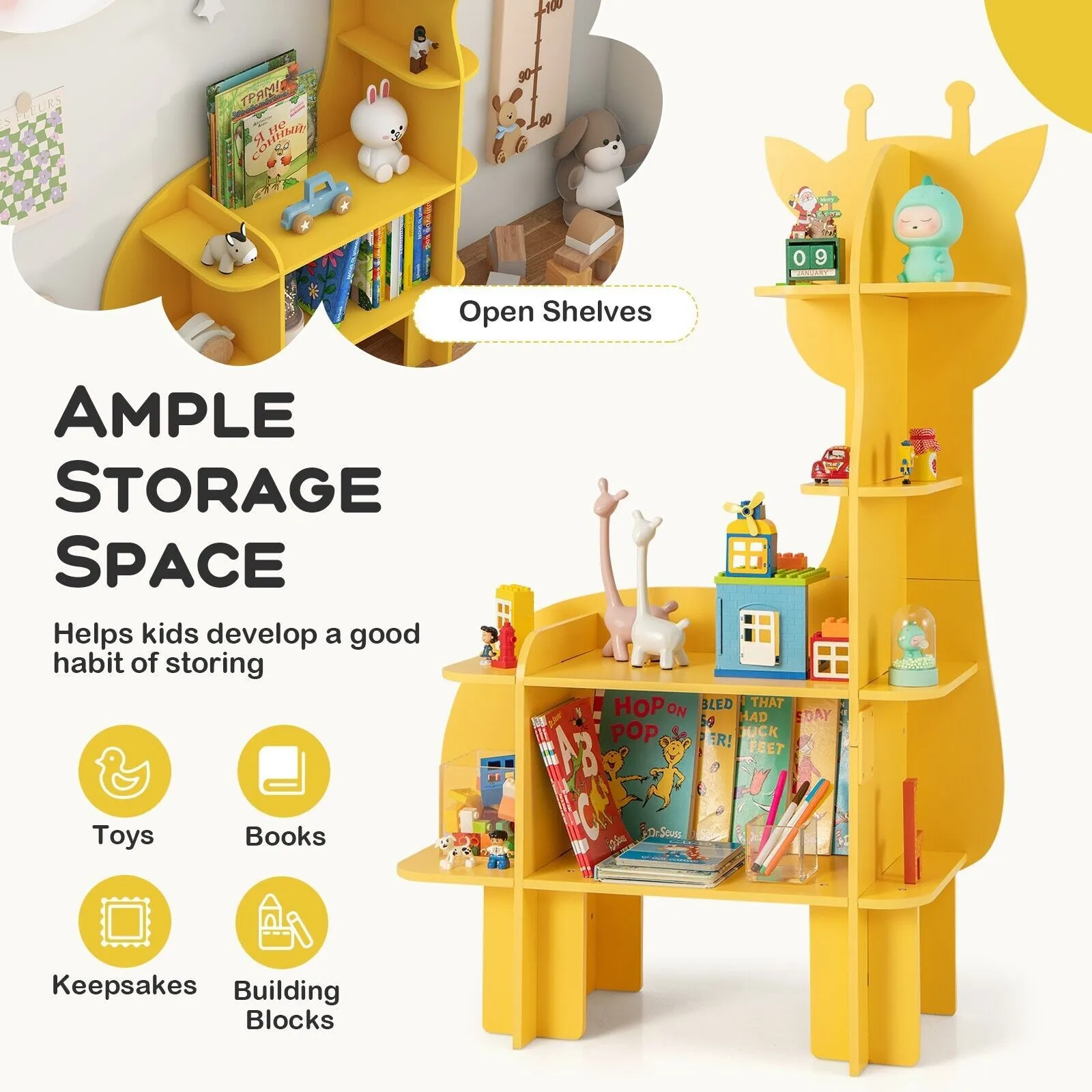 Costway Giraffe Bookcase 4 Tiers Toy Storage Organizer Wooden Bookshelf in Yellow 6