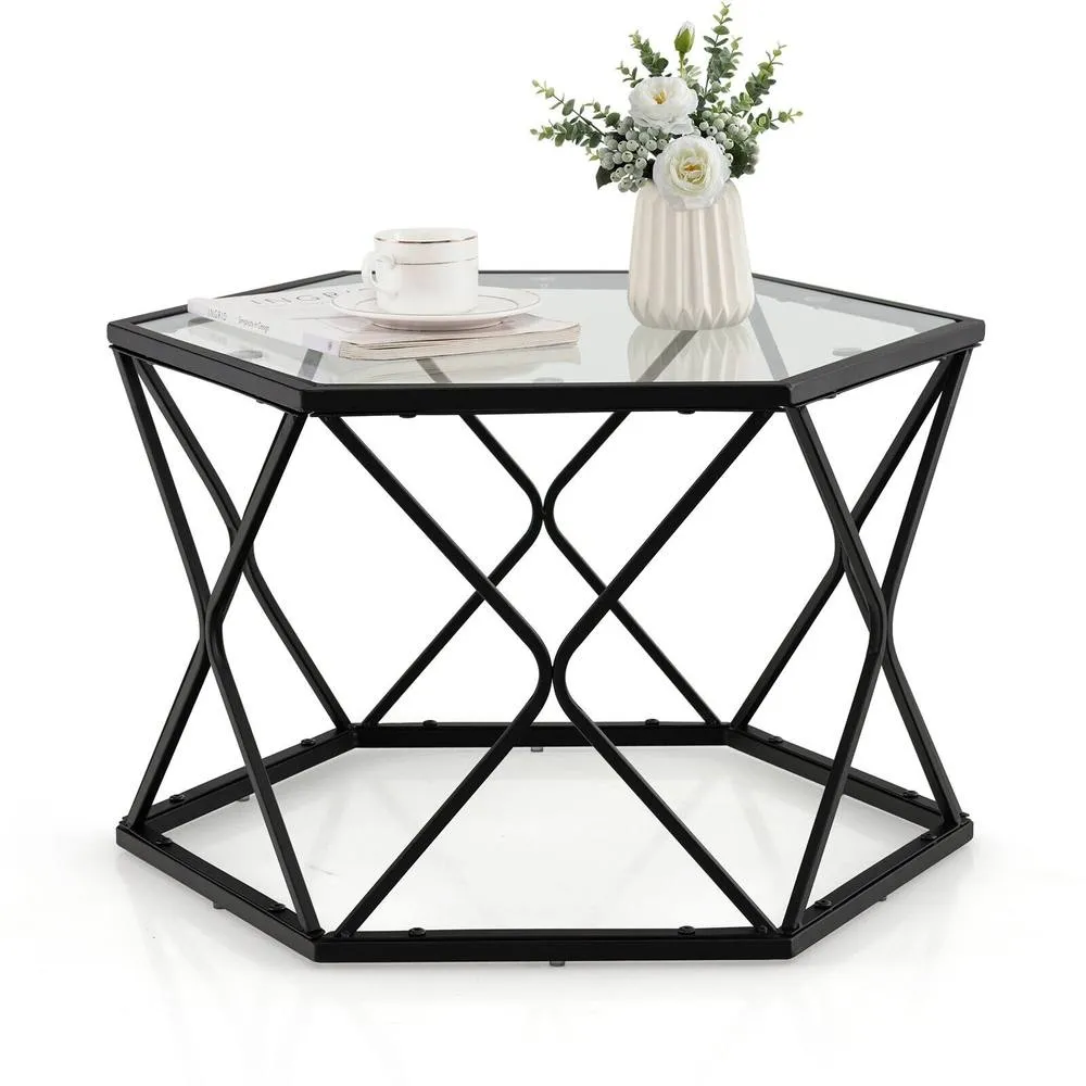 Costway Geometric Glass Coffee Table Hexagonal End Table with Tempered Glass Top in Black