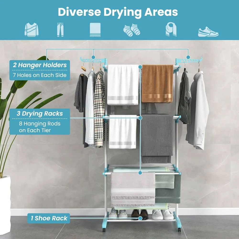 Costway Foldable Clothes Drying Rack Oversized 4-Tier Collapsible Laundry Rack in Blue 3