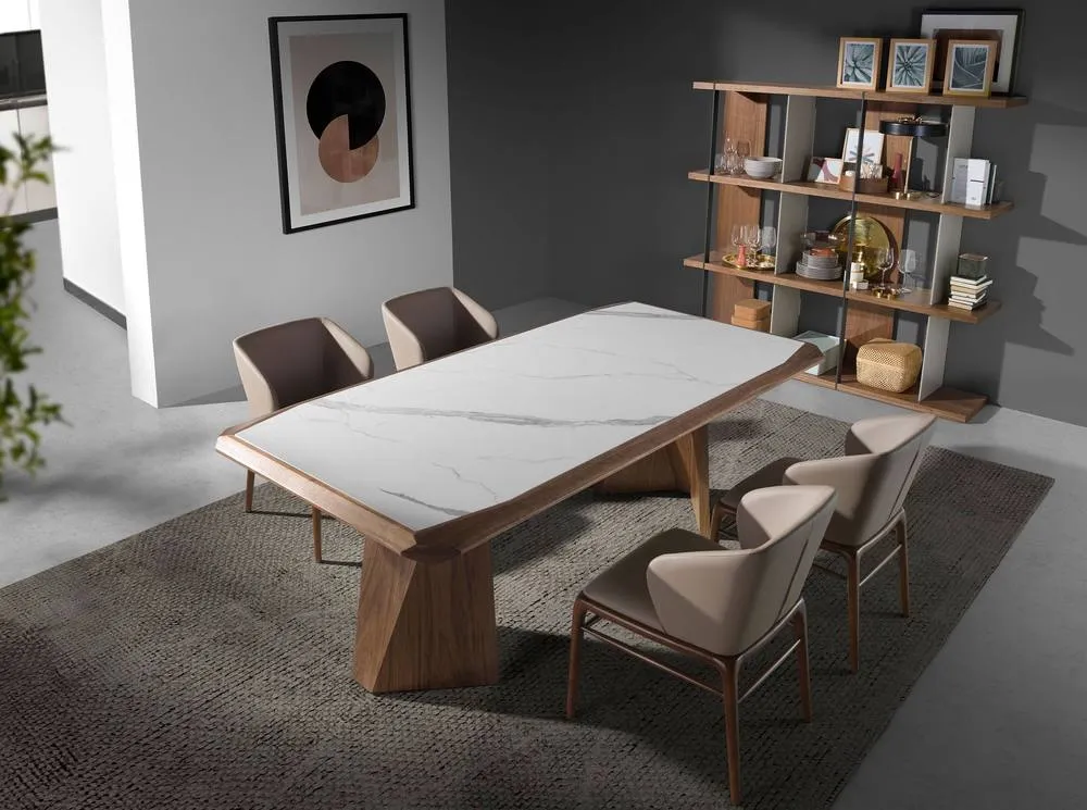 Angel Cerda Rectangular Porcelain Marble Dining Table, Walnut Legs, 220 x 110 cm 4