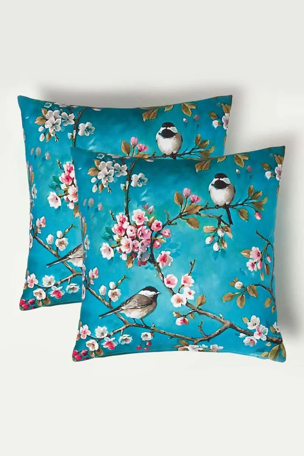Homescapes Luxury Waterproof Blue Bird Outdoor Cushion 45 x 45 cm, Set of 2