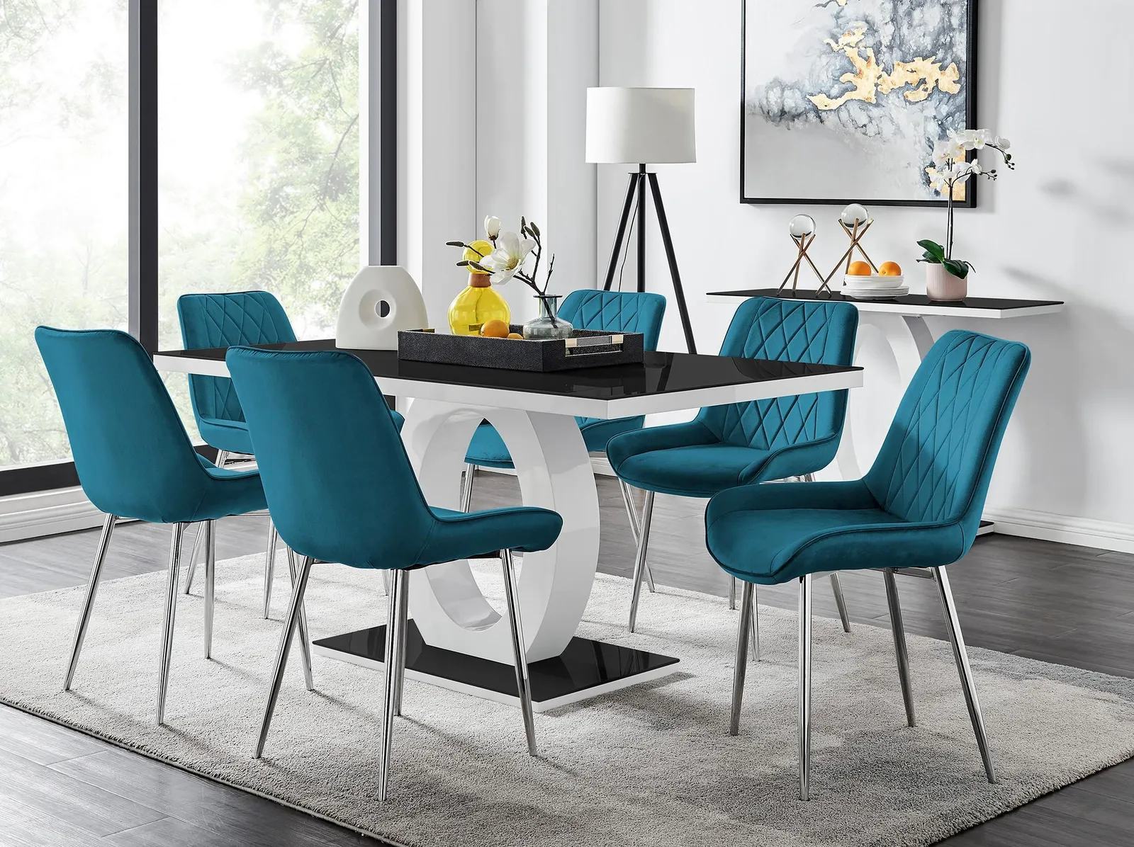 FurnitureboxUK Giovani Rectangular 6 Seat White High Gloss Unique Halo Base Dining Table Black Glass Top 6 Soft Velvet Silver Leg Pesaro Chairs 1