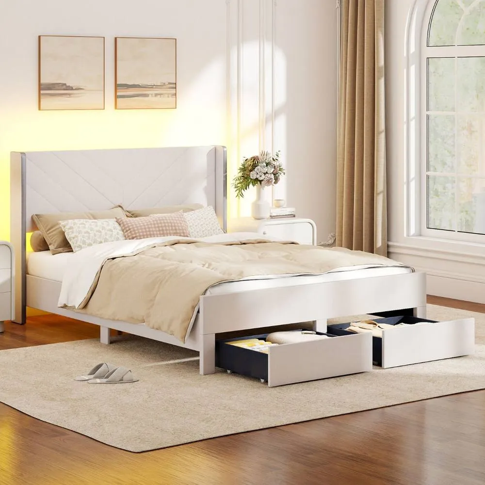 Costway King Size Bed Frame w/LED Lights Dutch Velvet Upholstered Platform Bed in Beige 3
