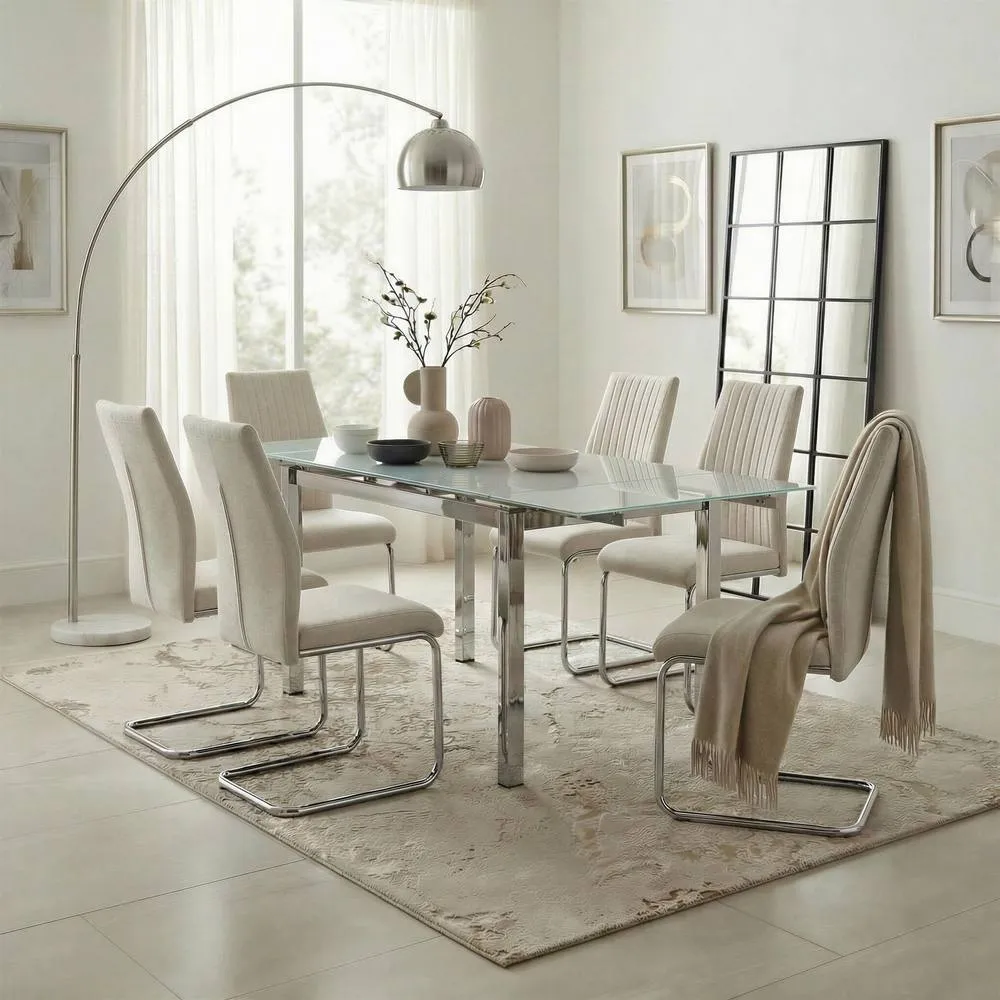 FurnitureboxUK Enna White Glass Extending Dining Table with 6 Fabric Lorenzo Chairs in Cream