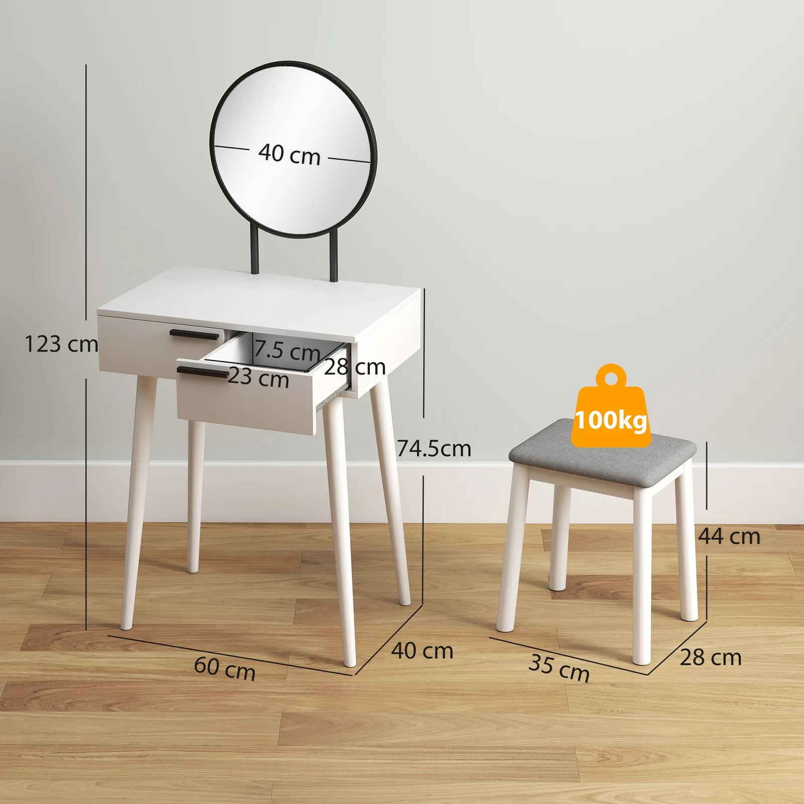 HOMCOM Dressing Table Vanity Set Make Up Desk with Mirror & Stool White 3