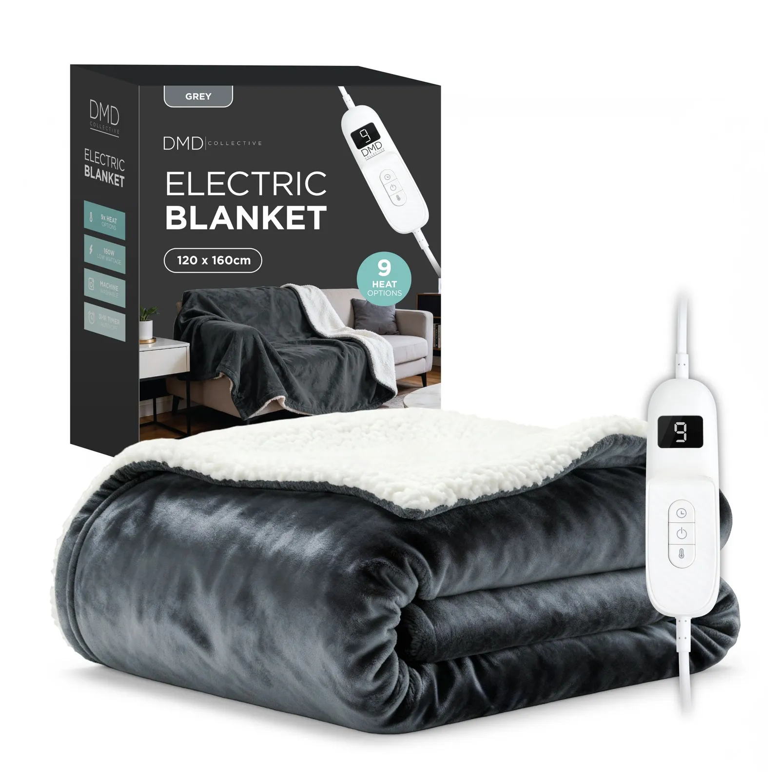 DMD Collective Heated Electric Blanket Throw Fleece Sherpa 9 Heat & Timer Settings 120x160cm Machine Washable in Dark Grey