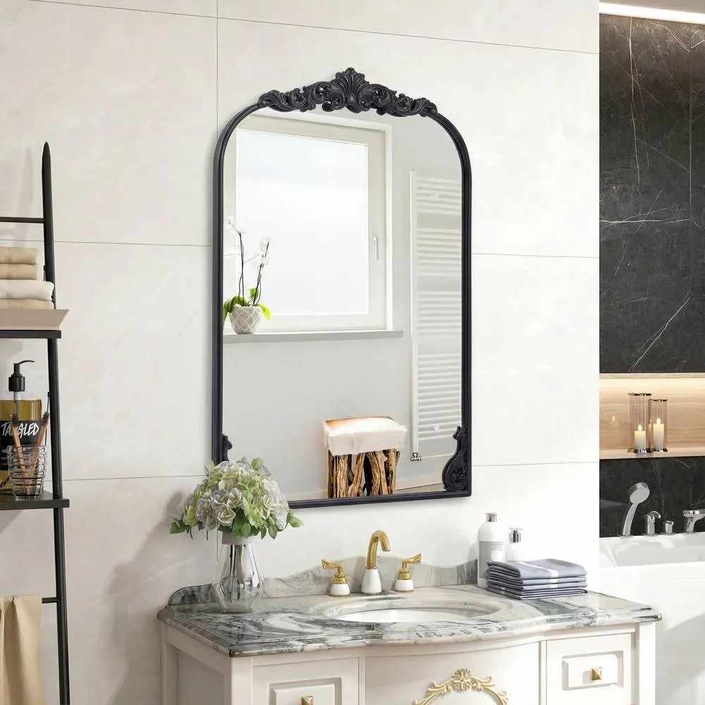 Costway Wall Mirror 90cm x 61cm Arched Mirror w/ Baroque Ornate Frame in Black 3