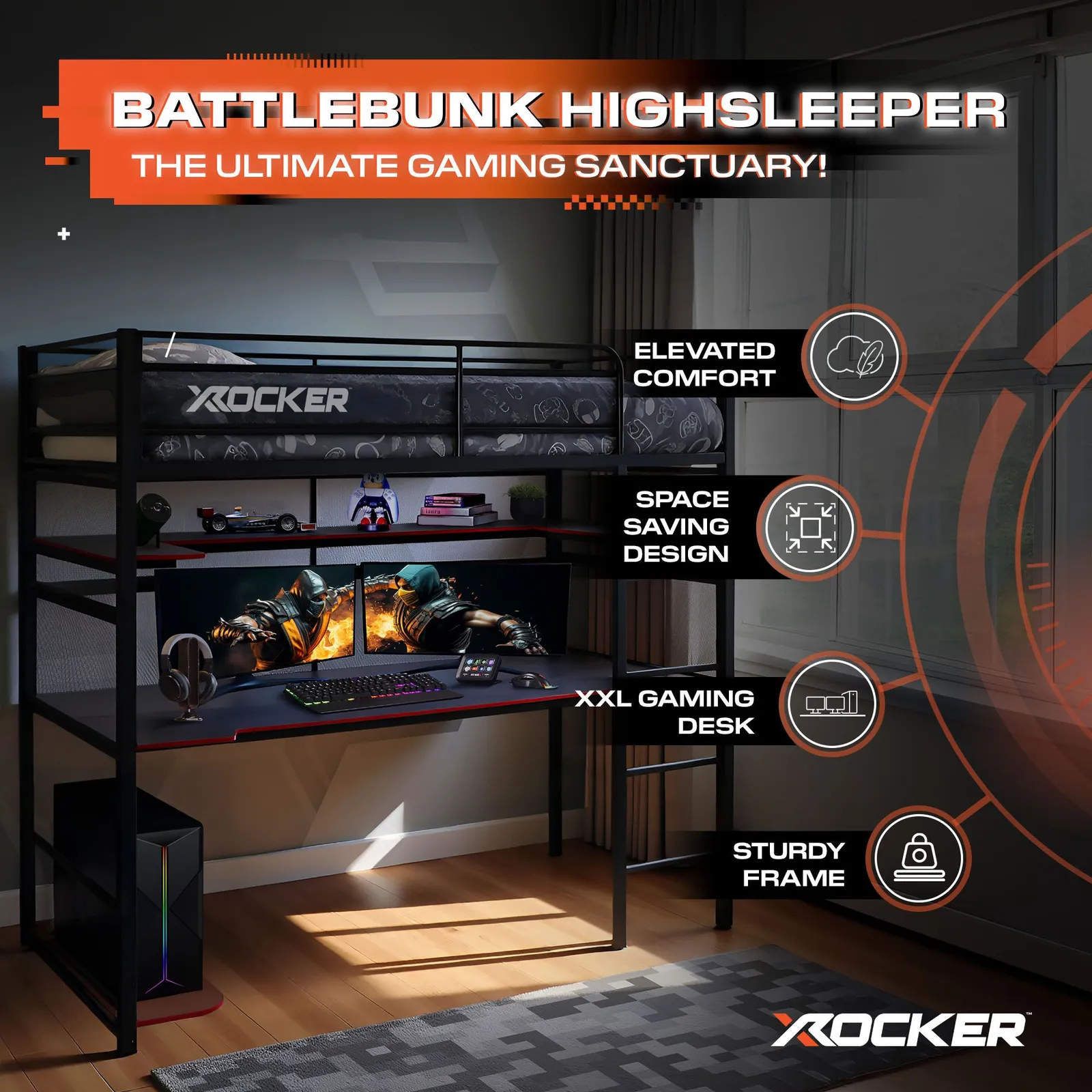 X Rocker Battlebunk Bunk Bed with Gaming Desk & Shelves with mattress in Black 2