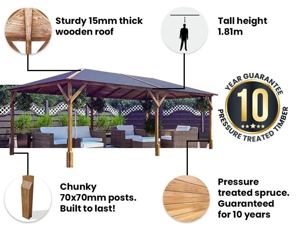 Dunster House Wooden Gazebo Kit with Louvre Wall & Shingles 6m x 3m - Utopia in Brown 3