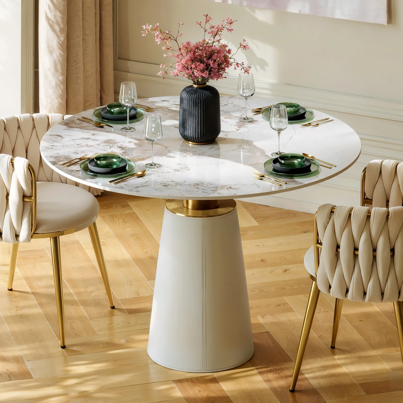 100 cm Sintered Stone Round Dining Table with Saddle Leather Base Seats 2-4 People