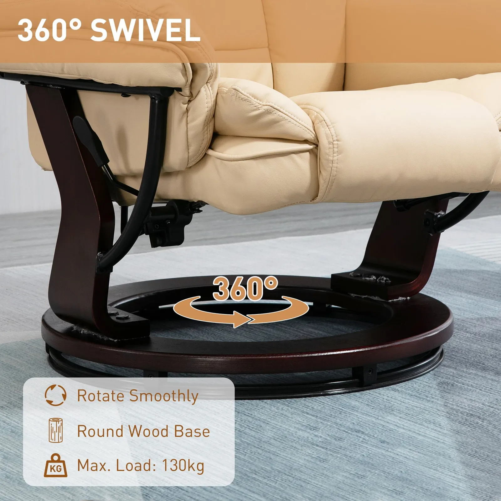 HOMCOM Swivel Manual Recliner & Footrest Set PU Leather Lounge Chair Beige 6