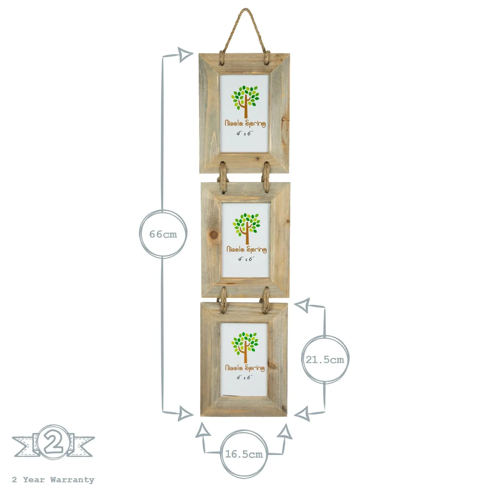 Nicola Spring Rustic Wooden Hanging 3 Photo Frame - 4 x 6" - Natural 3