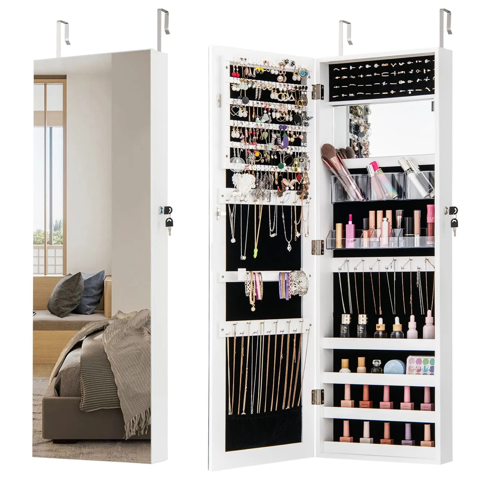 Costway Door Hanging Jewellery Cabinet Wall Mounted Jewelry Armoire w/ Full Length Mirro Lockable Cosmetics Jewellery Organiser Unit in White