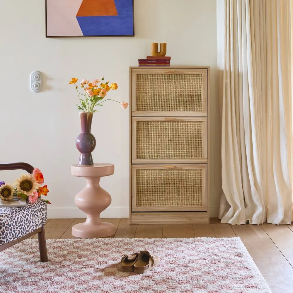 sweeek 3-door shoe cabinet with cane & wood effect in Beige
